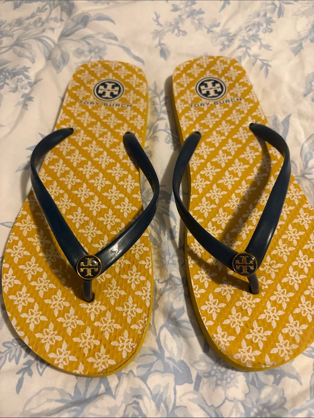 Tory Burch Yellow Patterned Flip Flops with Navy Straps